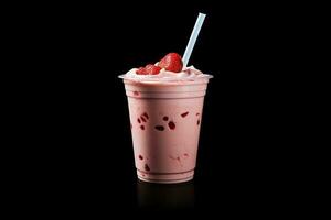 fraise Milk-shake dans Plastique à emporter tasse isolé sur noir Contexte. ai généré photo