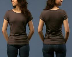 photo réaliste femelle marron t-shirts avec copie espace, devant, et retour voir. ai généré
