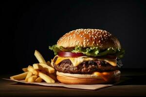 Frais savoureux Burger et français frites sur foncé Contexte. ai généré photo
