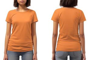 photo réaliste femelle Orange t-shirts avec copie espace, devant, et retour voir. ai généré