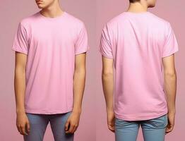 photo réaliste Masculin rose t-shirts avec copie espace, devant, et retour voir. ai généré