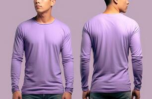 homme portant une violet T-shirt avec longue manches. de face et retour voir. ai généré photo