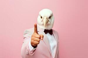 la personne avec une masque homme portant blanc costume et marrant Pigeon oiseau masque. ai génératif photo