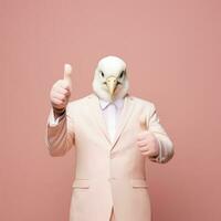 la personne avec une masque homme portant blanc costume et marrant Pigeon oiseau masque. ai génératif photo