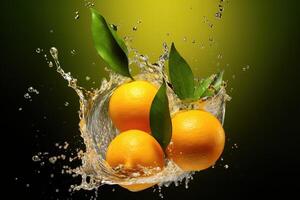 Orange et l'eau éclaboussure. l'eau éclabousser sur Orange et feuilles. rafraîchissant été concept. photo