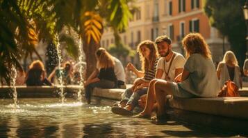 Jeune gens baigner dans une Fontaine dans le centre de ville. ensoleillé brillant journée. chaleur dans le ville. illustration ai génératif photo