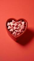 cœur en forme de des sucreries. bonbons cannelle cœurs dans céramique cœur. ai généré photo