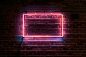 rouge mur avec lumière. brique mur et carré néon signe Cadre. ai généré photo
