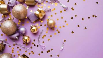 rose et violet Noël des balles. d'or décorations et scintille sur lavande Contexte. ai généré photo