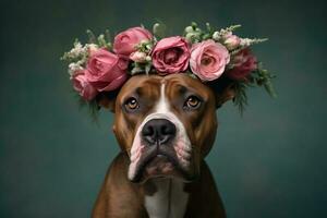 chien avec fleurs portrait de taureau arabe chien avec fleur couronne. ai génératif photo