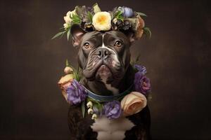 chien avec fleurs portrait de taureau arabe chien avec fleur couronne. ai génératif photo