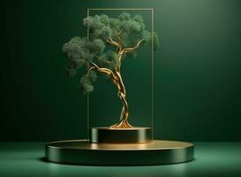 encore la vie avec une vase vert et or podium supporter avec d'or abstrait arbre. ai généré photo