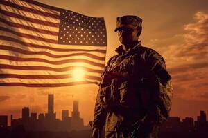 génératif ai illustration de soldat saluer et Etats-Unis drapeau sur lever du soleil Contexte photo