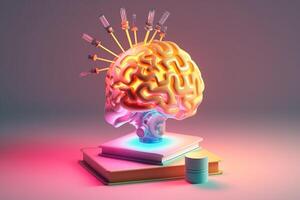 génératif ai illustration de cerveau avec une éducation des idées, Nouveau découvertes et scientifique inventions, livres, lampe, équipement roues, puzzle sur brillant Contexte photo