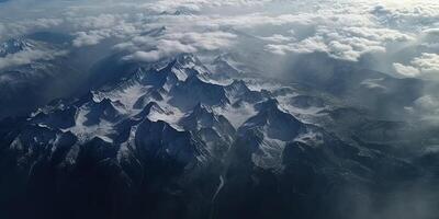 génératif ai illustration de vue de ciel, neige montagnes de foncé âge, pluie, brouillard, spectaculaire et étourdissant paysage, spectaculaire linéaire délicatesse photo