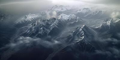 génératif ai illustration de vue de ciel, neige montagnes de foncé âge, pluie, brouillard, spectaculaire et étourdissant paysage, spectaculaire linéaire délicatesse photo