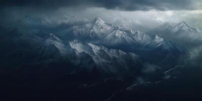 génératif ai illustration de vue de ciel, neige montagnes de foncé âge, pluie, brouillard, spectaculaire et étourdissant paysage, spectaculaire linéaire délicatesse photo