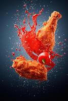 génératif ai illustration de rouge le Chili poivre éclabousser avec frit poulet sur solide Couleur Contexte photo