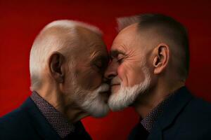 génératif ai illustration de une marié, personnes âgées gay Masculin couple embrasse chaque autre dans une spectacle de l'amour et affection photo