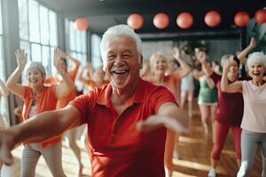 génératif ai illustration de retraités et les personnes âgées faire aérobique exercice à rester en bonne santé photo