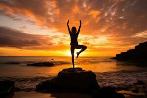 génératif ai illustration de le coucher du soleil yoga session, entraine toi yoga dans lotus position photo