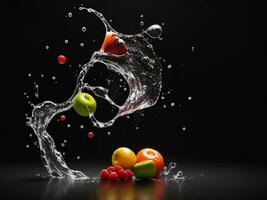 photo mixeur avec des fruits en volant isolé sur noir Contexte fruit jus et éclaboussure