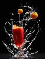 photo mixeur avec des fruits en volant isolé sur noir Contexte fruit jus et éclaboussure
