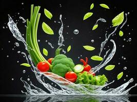 photo mixeur avec des légumes en volant isolé sur noir Contexte l'eau éclaboussure