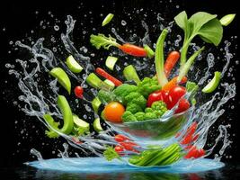 photo mixeur avec des légumes en volant isolé sur noir Contexte l'eau éclaboussure