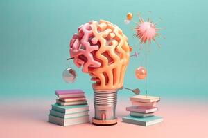 génératif ai illustration de cerveau avec une éducation des idées, Nouveau découvertes et scientifique inventions, livres, lampe, équipement roues, puzzle sur brillant Contexte photo