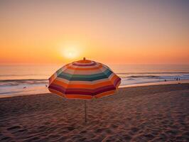 une paisible oasis - une coloré plage parapluie au milieu de une chaud, Orange lueur - ai généré photo