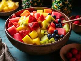 juteux délice - une l'eau à la bouche fruit salade dans fermer - ai généré photo