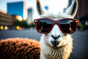 proche en haut portrait de une lama avec le lunettes, dans le ville. ai génératif. photo