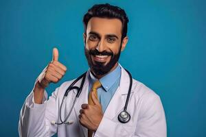 génératif ai illustration de Beau arabe médecin avec stéthoscope dans blanc manteau montrant pouce en haut sur bleu Contexte photo