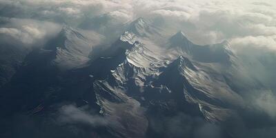 génératif ai illustration de vue de ciel, neige montagnes de foncé âge, pluie, brouillard, spectaculaire et étourdissant paysage, spectaculaire linéaire délicatesse photo