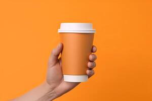 génératif ai illustration de papier café tasse dans une main, isolé Orange Contexte photo