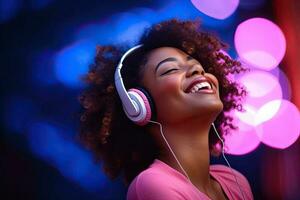 génératif ai illustration de souriant femme écoute à la musique - positif et joyeux. solide Couleur néon Contexte photo