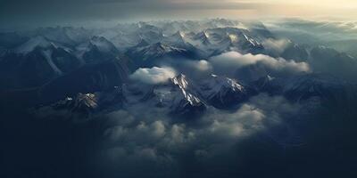 génératif ai illustration de vue de ciel, neige montagnes de foncé âge, pluie, brouillard, spectaculaire et étourdissant paysage, spectaculaire linéaire délicatesse photo