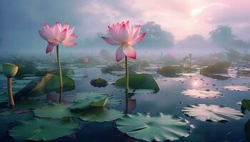 génératif ai illustration de lotus fleur dans étang, nettoyer Contexte couleur, brumeux, illusoire photo