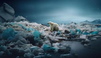 génératif ai illustration de solitaire blanc ours sur iceberg, entouré par des ordures et Plastique bouteilles flottant sur l'eau photo