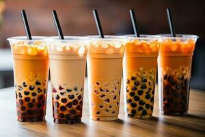 génératif ai illustration de Plastique tasses de boba Lait thé, avec bulles, fermer tir, profondeur de champ, gourmet dessert, floue Contexte photo