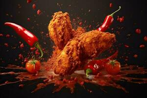 génératif ai illustration de rouge le Chili poivre éclabousser avec frit poulet sur solide Couleur Contexte photo