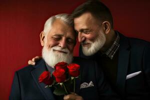 génératif ai illustration de une marié, personnes âgées gay Masculin couple embrasse chaque autre dans une spectacle de l'amour et affection photo