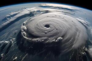 génératif ai illustration de une fascinant Haut vers le bas vue de une ouragan, capturer ses brut Puissance et beauté. le tourbillonnant des nuages et intense éclairage créer une captivant modèle photo