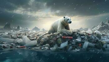 génératif ai illustration de solitaire blanc ours sur iceberg, entouré par des ordures et Plastique bouteilles flottant sur l'eau photo