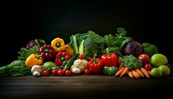 génératif ai illustration de biologique récolte des légumes. végétarien Ingrédients pour cuisine sur foncé rustique en bois arrière-plan, Haut vue photo