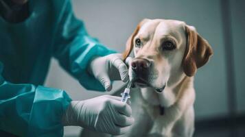 le médecin est vacciner une chien dont propriétaire amené lui à voir lui dans le vétérinaire hôpital. , génératif ai photo