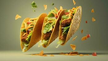 génératif ai illustration de en volant tacos pour nourriture commercial, Vide Contexte photo