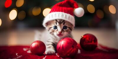 chaton dans Père Noël chapeau et Noël des balles. ai généré photo