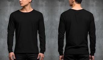 homme portant une noir T-shirt avec longue manches. de face et retour voir. ai généré photo